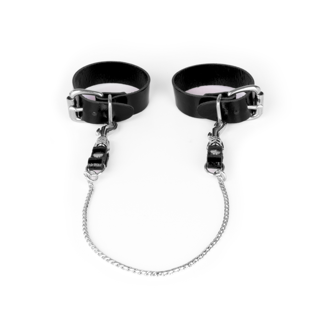 Lederhandfesseln mit Kette schwarz/silber
