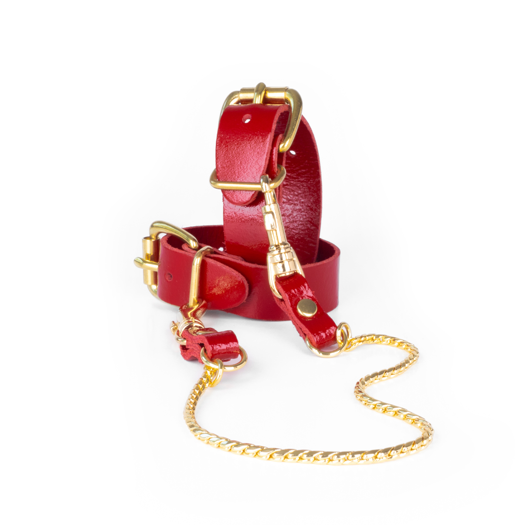 10202G-b2c_4 Leather handcuffs with chain cherry/gold