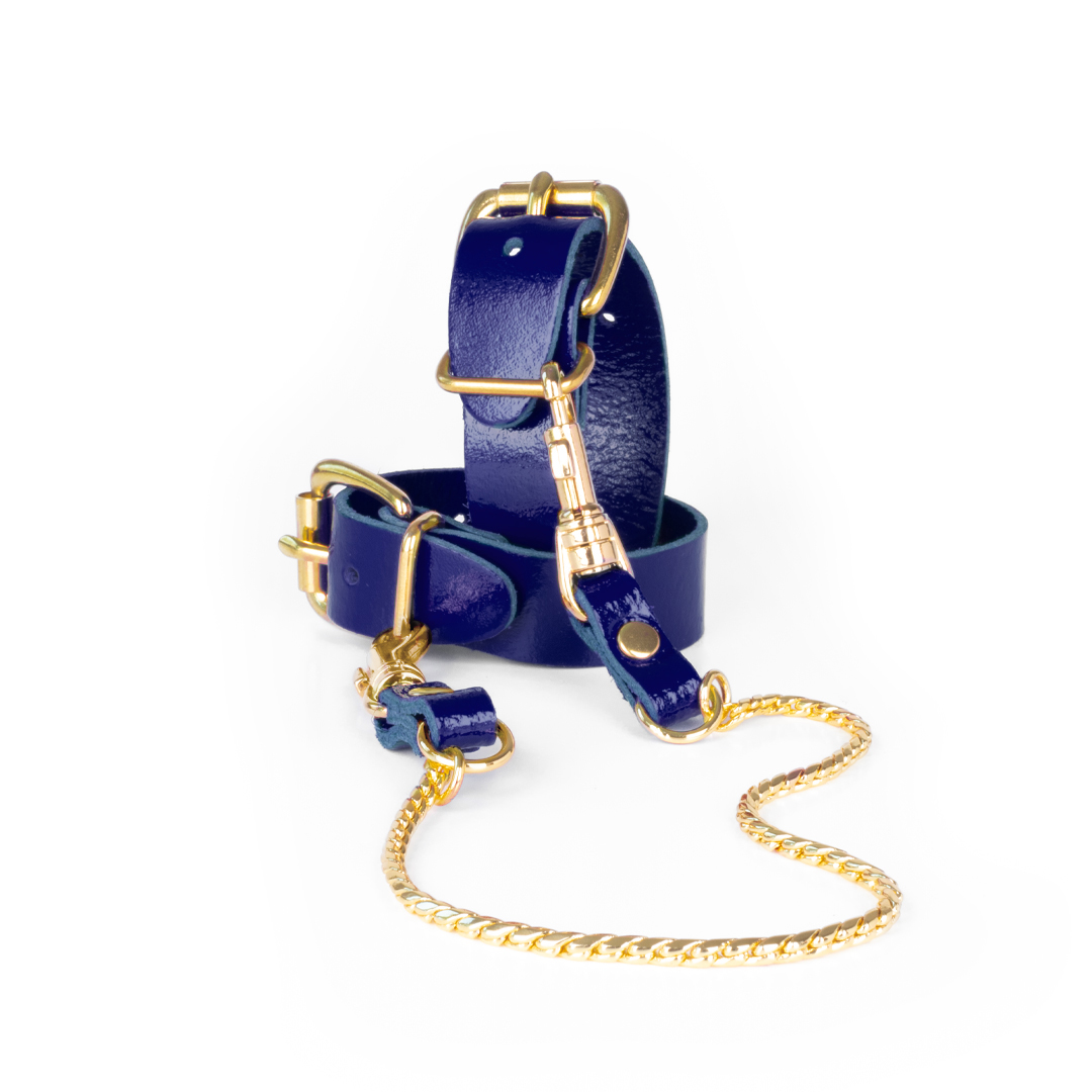 Lederhandfesseln mit Kette indigo/gold