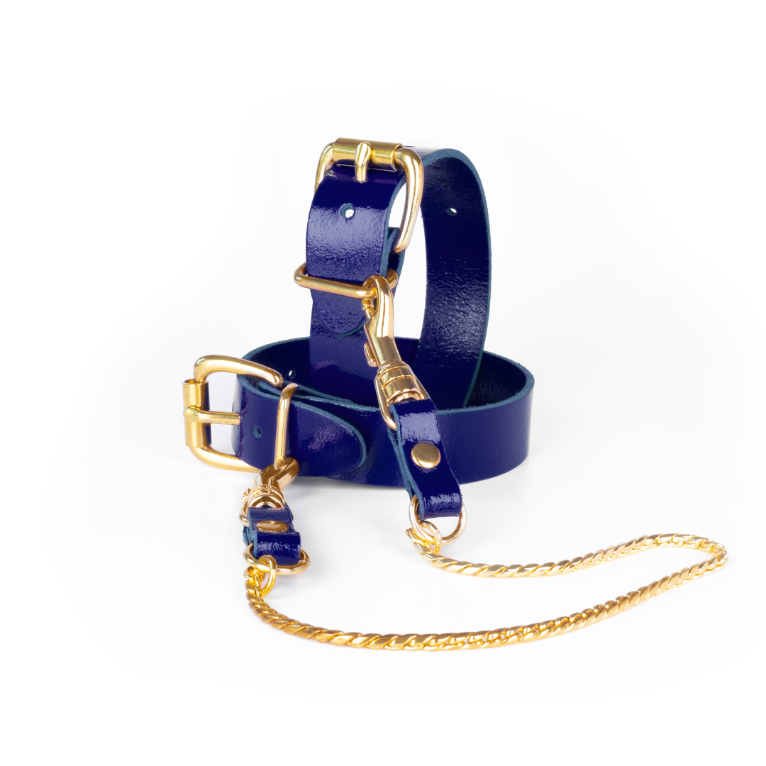 Leather feetcuffs with chain  indigo/gold