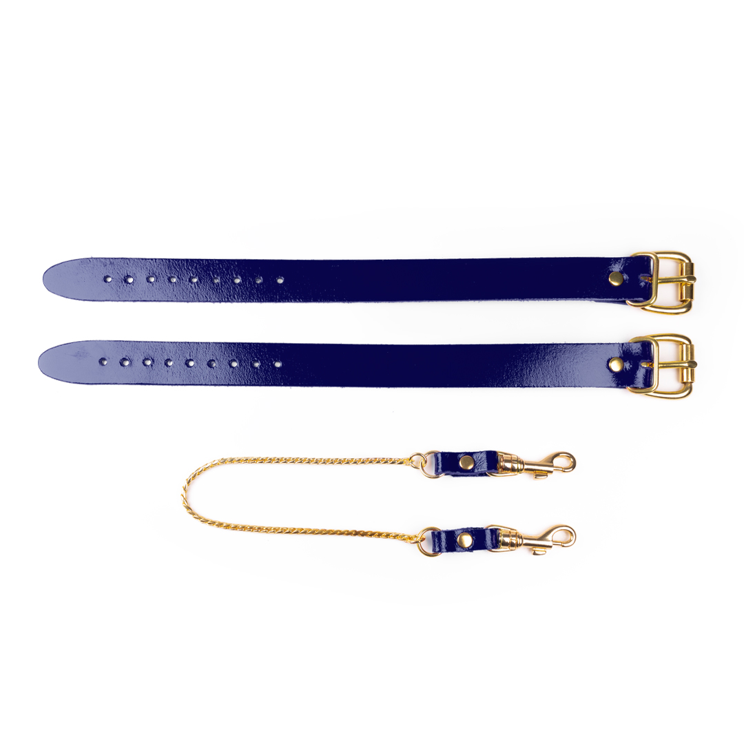 Leather feetcuffs with chain  indigo/gold