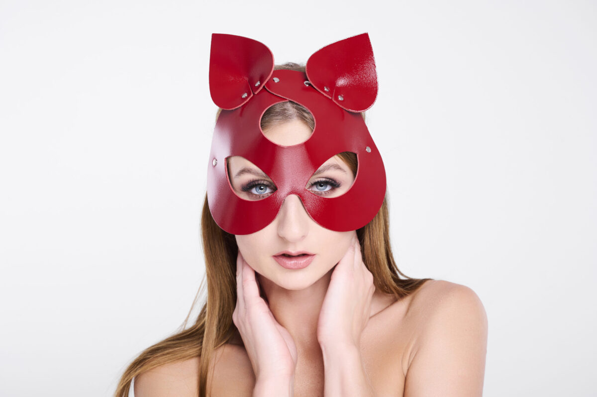 Leather cat mask cherry/silver