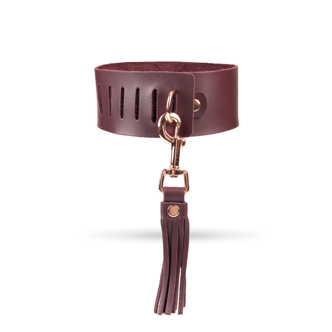 12306R-b2c_4 Lederhalsband mit Peitsche, Burgunderrot/Roségold